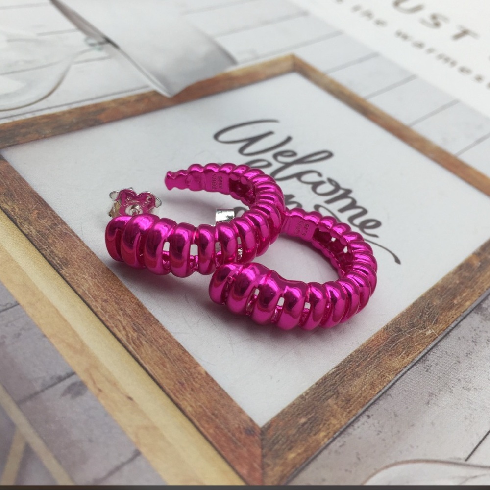 Vibrant Pink Hoop Earrings 925